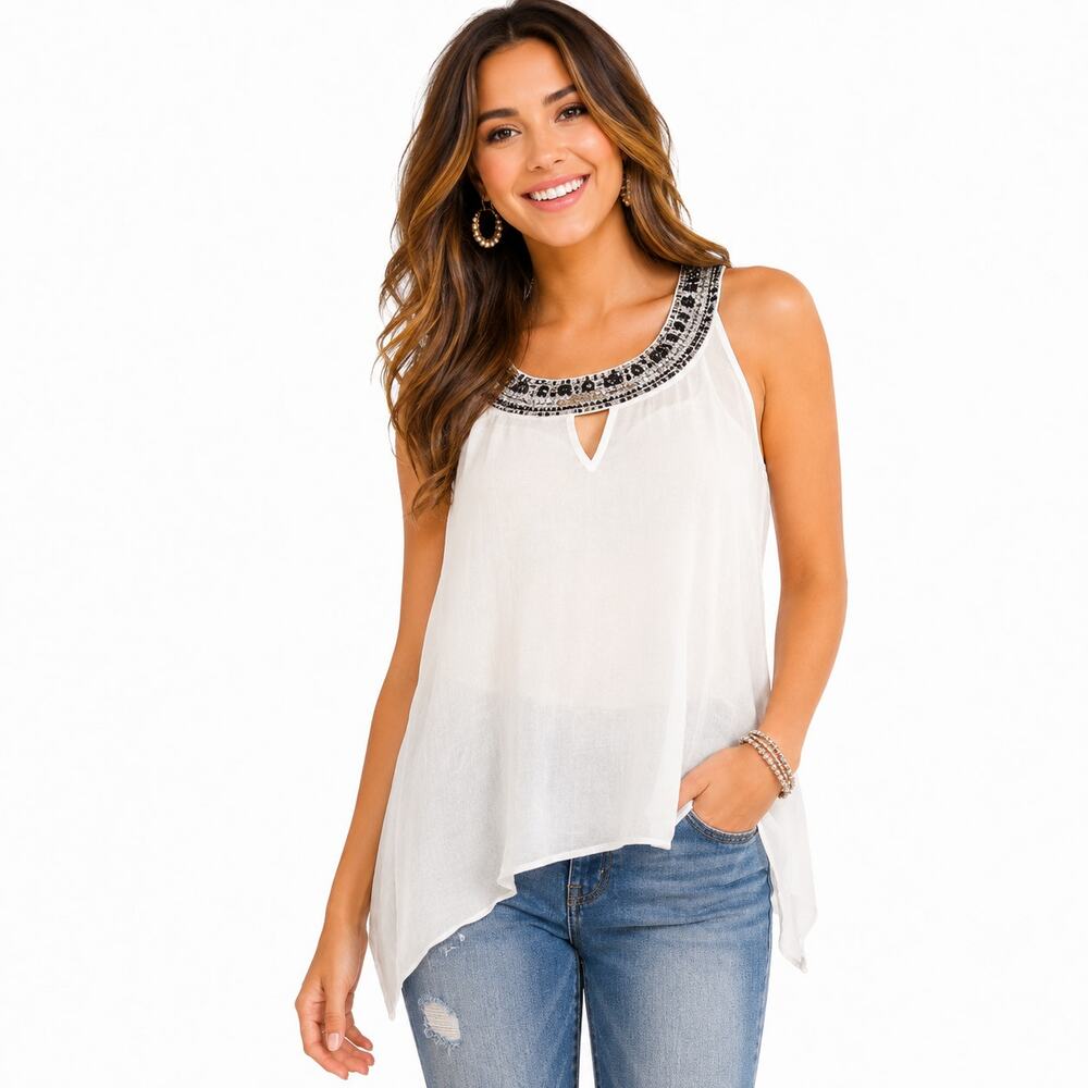 AB Studio Women’s Large White Sleeveless Blouse with Embroidered Neckline